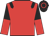Red, black epaulets, black and red halved sleeves, black cap, red hoop