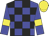 blue and black check, blue sleeves, yellow armlets, yellow cap