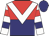 Red and navy halved horizontally, white chevron, white, red and navy hooped slvs, navy cap