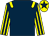 Dark blue, yellow epaulets, yellow and dark blue striped sleeves, yellow cap, dark blue star