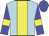 light blue, yellow stripe, yellow armbands on blue sleeves, blue cap