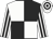 White and black quartered, black stripes on sleeves, black hoops on cap