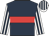 Dark blue, red hoop, white and dark blue striped sleeves and cap