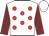 White, red spots, maroon sleeves, white cap