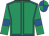 Emerald green, royal blue seams, royal blue armlet, quartered cap