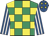 Emerald green & yellow check, royal blue & white striped sleeves, royal blue cap, yellow stars