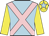 Light blue, pink cross belts, yellow sleeves, yellow cap, light blue star