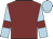 Maroon, light blue sleeves, maroon armlets, light blue cap