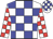White body, blue checked, white arms, red checked, white cap, blue checked