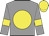 Grey body, yellow disc, grey arms, yellow armlets, yellow cap