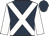 Dark blue, white cross sashes, white sleeves, dark blue cap