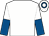 White, white and royal blue halved sleeves, white cap, royal blue hoop