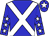 Blue body, white crossed sashes, blue arms, white stars, blue cap, white star