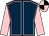 Dark blue, pink seams and sleeves, pink and black quartered cap