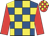 Royal blue & yellow check, red sleeves, red & yellow check cap