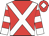 red, white cross sashes, red hoops on white sleeves, red cap, white diamond
