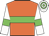 Orange body, green hoop, white arms, green armlets, white cap, green hooped