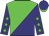 Green and navy halved diagonally, navy sleeves, green stars, navy cap, green peak