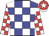 Blue and white checks, red and white checked sleeves, red cap, white star and peak