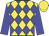 Yellow body, blue diamonds, blue arms, yellow cap