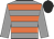 Grey body, orange hooped, grey arms, black cap