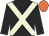 Black body, beige cross sashes, black arms, orange cap