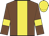 Chocolate, yellow stripe, yellow armlets, yellow cap