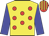 Yellow body, red spots, blue arms, red cap, yellow striped