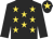 Black, gold stars, black sleeves, black cap, gold star