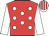 red, white spots, white arms, striped cap