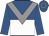 Royal Blue and White halved horizontally, grey chevron, Royal Blue sleeves, Royal Blue cap, grey hoop