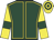 Dark green, yellow seams, yellow sleeves, dark green armlet, yellow & dark green hooped cap