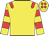 Yellow, red epaulettes, hooped sleeves, yellow cap, red spots