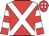 Red, white cross sashes, hooped sleeves, red cap, white spots