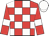red and white checked, white armbands on red sleeves, white cap