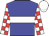 blue, white hoop, red and white checked sleeves, white cap