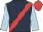 Dark blue,Red sash, Light blue sleeves, Red cap