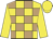 yellow and light brown checks, yellow sleeves and cap