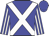 Blue, white cross sashes, white stripes on sleeves, blue cap