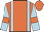 orange, light blue braces, light blue sleeves, orange armlets and cap
