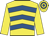 Yellow, royal blue chevrons, yellow sleeves, hooped cap