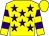 Yellow, purple stars, hooped sleeves, yellow cap