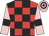 Red and black check, pink sleeves, black armlets, hooped cap