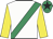 White, emerald green sash, yellow sleeves, emerald green cap, black star