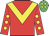 Red,yellow chevron,red sleeves,yellow spots,emGreen cap, yellow spots