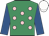 Emerald green, pink spots, royal blue sleeves, white cap