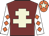 Maroon, beige cross of lorraine, white sleeves, orange diamonds, orange cap, beige star