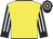 Yellow, black and white striped sleeves, black cuffs, black and white hooped cap