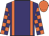Purple, orange braces, checked sleeves, orange cap