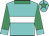 Turquoise, white hoop, emerald green sleeves and collar, turquoise cuffs and cap, emerald green star